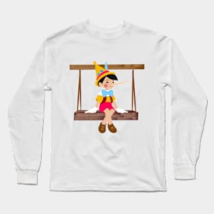 Pinocchio sitting on a swing bench. Long Sleeve T-Shirt